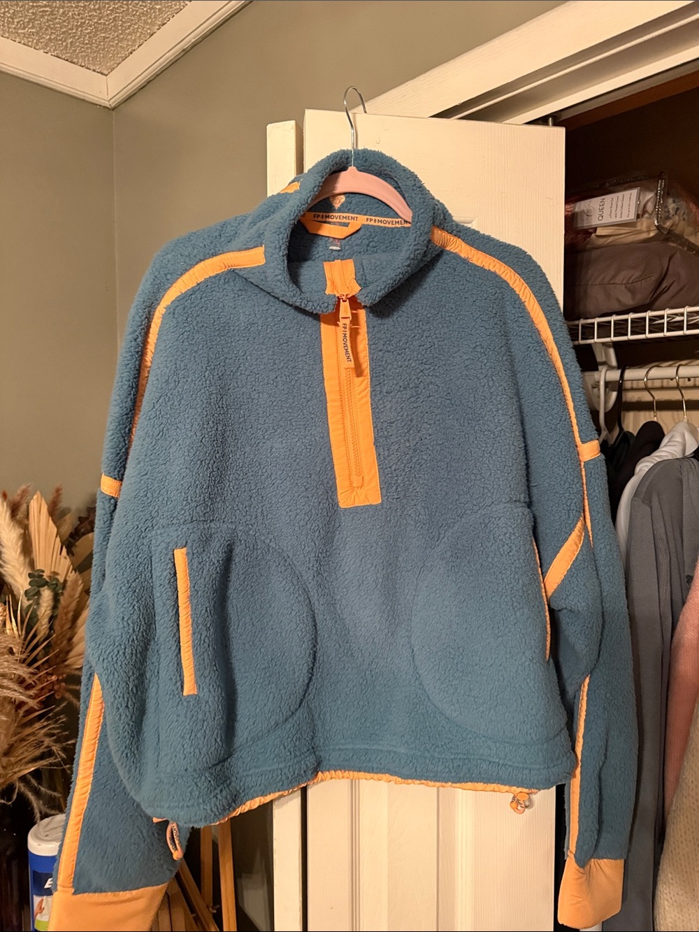 Free People Blue Sherpa Zip-Up Pullover with Orange Trim